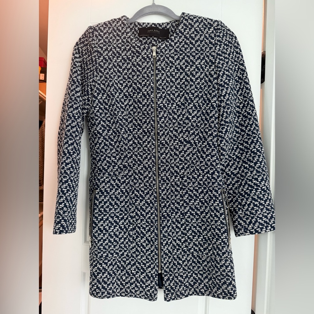Zara Navy and White Woven Zip-Front Blazer Jacket